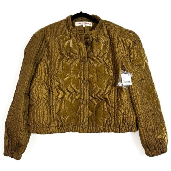 NWT FREE PEOPLE Quinn Quilted Crop Jacket $198 LARGE Bronze/Brown Patching - Picture 5 of 8